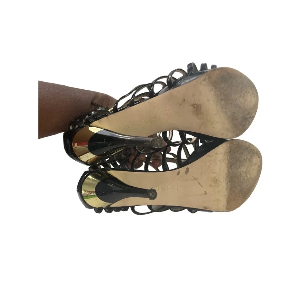 Bebe Strappy Cage Platform Sandals Womens 8M Black Good Patent Gold Accent Heels